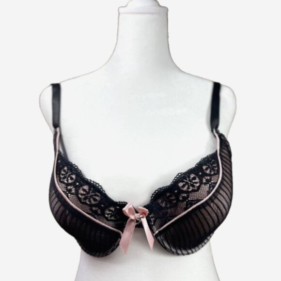 Black Fuchsia by Secret Lace 42C Balconette Push-Up Bra Pink & Black Lace NWOT - Picture 1 of 6